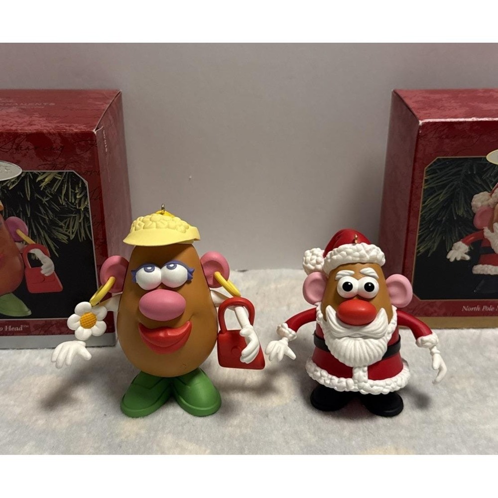 Hallmark Ornament Mr Potato Head Santa 1999 Mrs Potato 1998 Red Keepsake Box